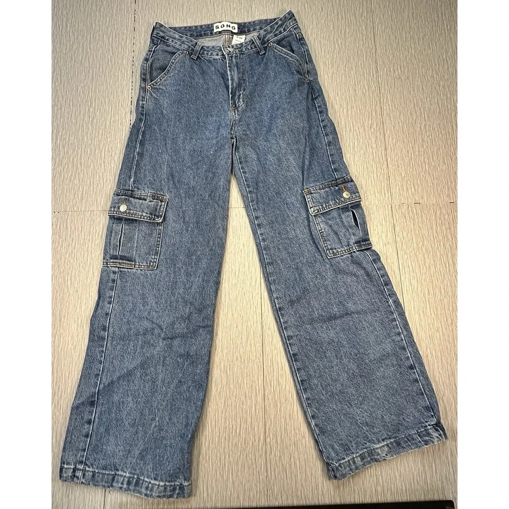 S.O.N.G High Rise Cargo Wide Leg Jeans Baggy Denim 100% Cotton Size 3/26 SONG